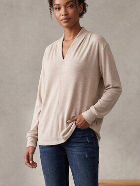 NWT | Akewei Oatmeal Beige Soft Knit Draped V-Neck Long Sleeve Top | Medium